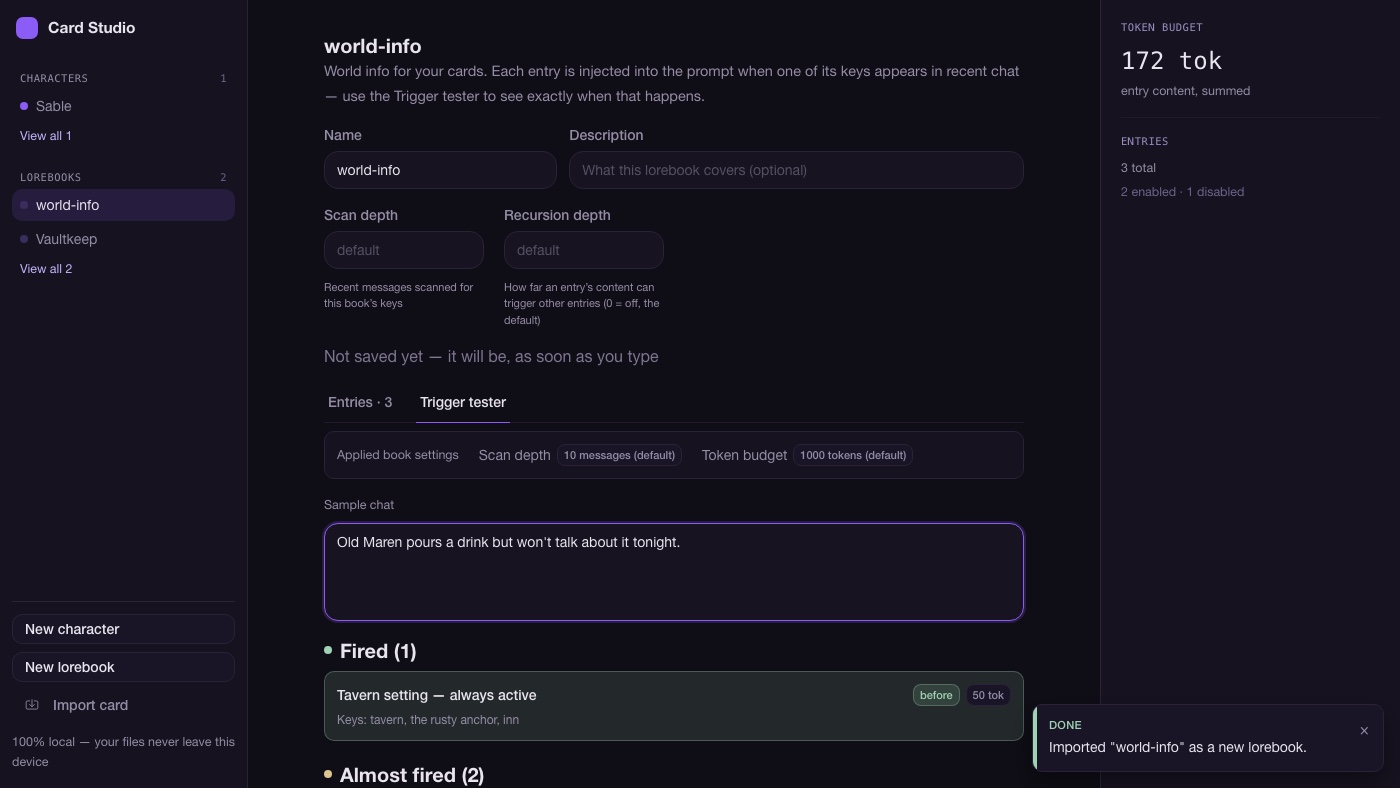 Trigger tester: a sample chat line, one lorebook entry fired and two near misses explained