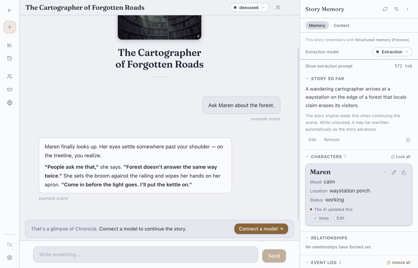 Chronicle story view with the Story Memory panel open, showing the story so far and a character card the AI updated