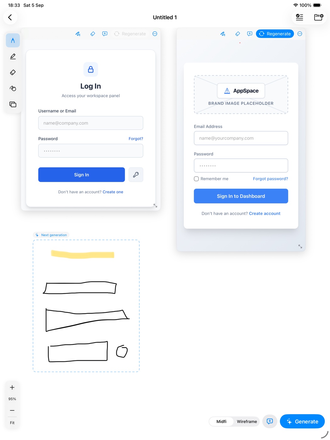 Inkframe canvas on iPad with a generated login screen, a wireframe variant, and a pencil sketch waiting for the next generation