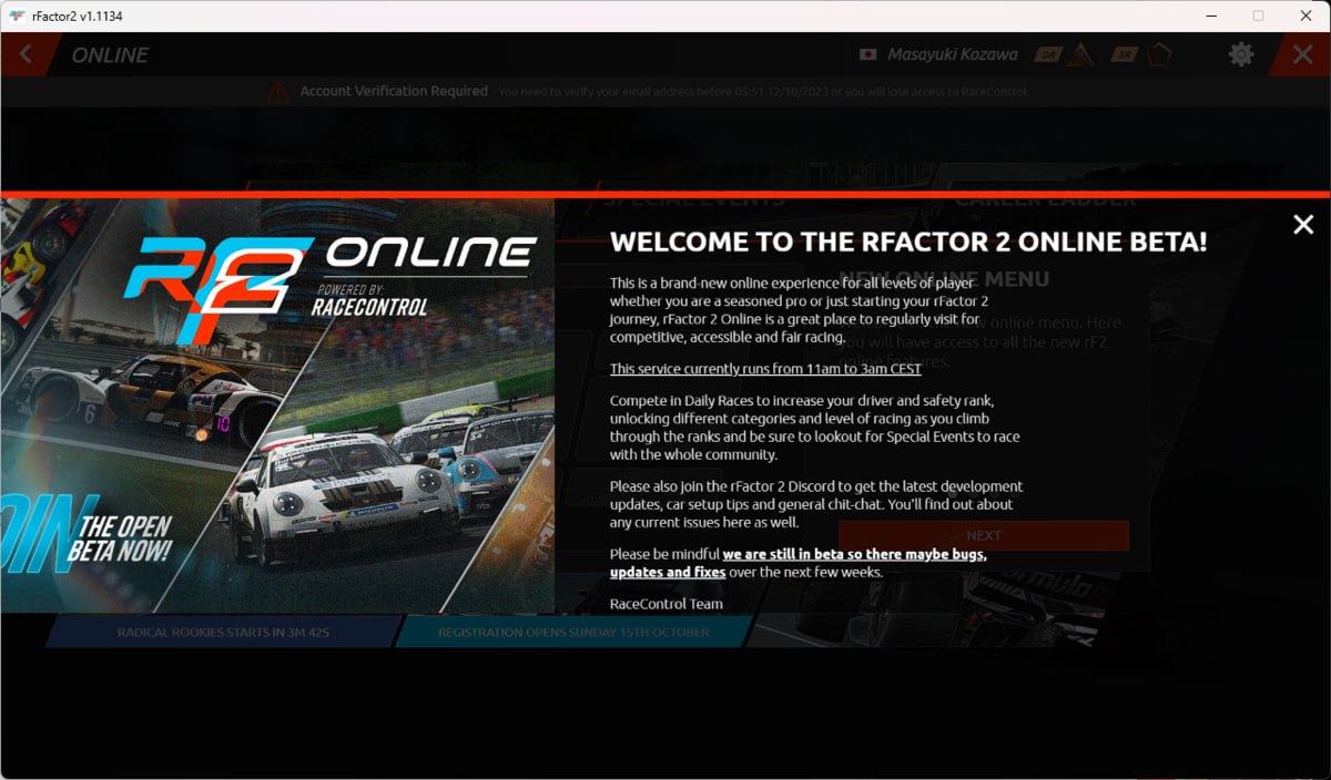 The rFactor 2 Online Beta: the starting point. An Angular 0 frontend with a popup announcing the new competition system, powered by RaceControl.