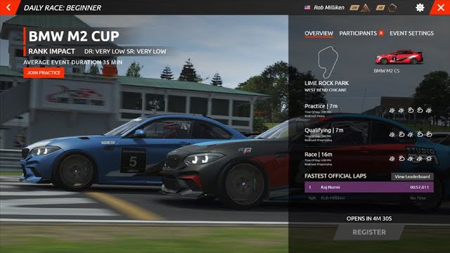 The Daily Race event screen: BMW M2 Cup at Lime Rock Park. Session breakdown, driver ratings, fastest lap leaderboard. The competition system in its mature form.