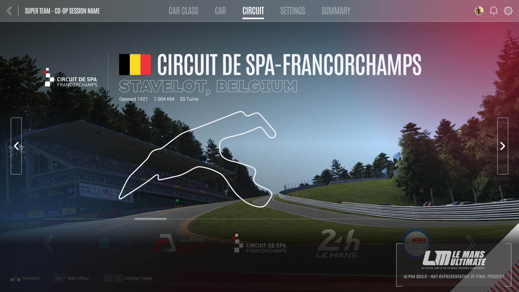 Circuit selection screen with track previews and session details