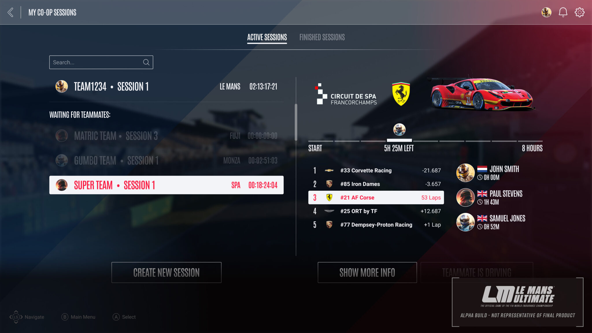 Co-op session lobby with driver list and session configuration