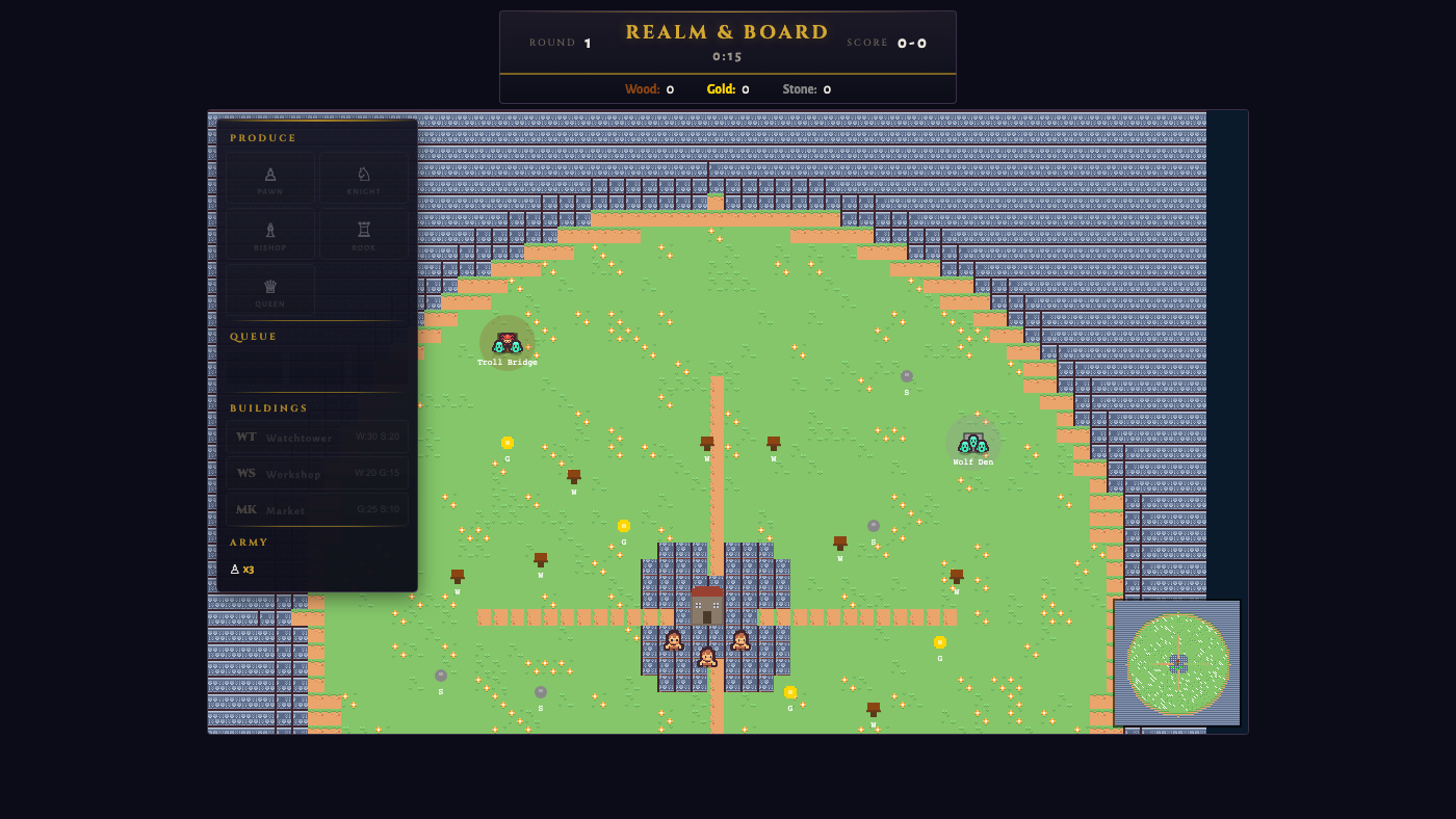 Realm and Board RTS phase: pixel art island with a keep, workers, resource nodes and enemy camps