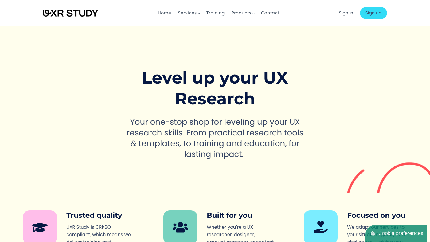 UXR Study homepage with the headline Level up your UX Research and three value blocks
